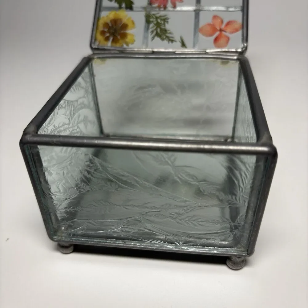 Vintage Glass Trinket Jewelry Box Hinged Pressed Flowers Mirror Base PAPYRUS